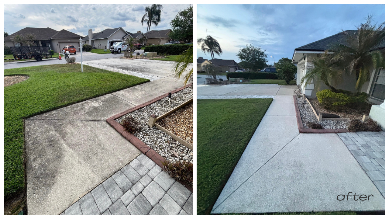 Pressure washing a driveway and walkway